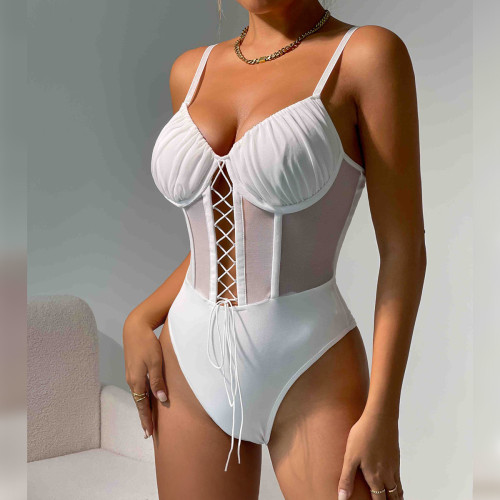 Hollow Out Cross Strap Pleated Slim Fit Suspender Bodysuit with Steel Boned Corset BodySuit