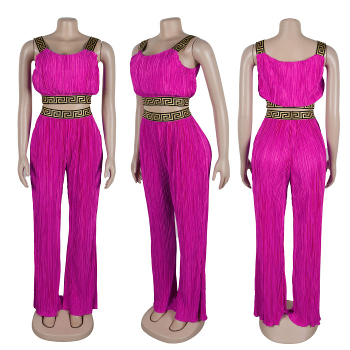 Pleated Patchwork Ribbon Solid Color High-Waisted Wide Leg Two-Piece Set