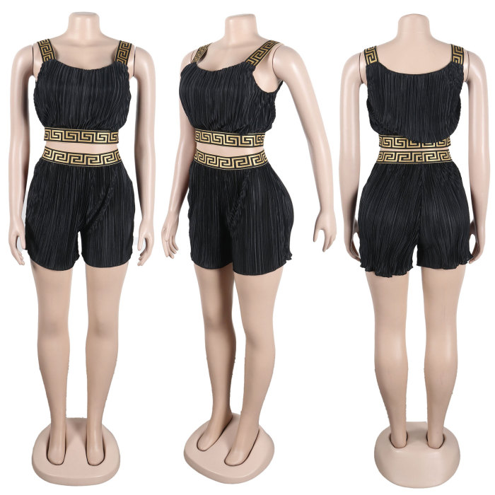 Pleated Ribbon Spliced Cami Top and Shorts Set