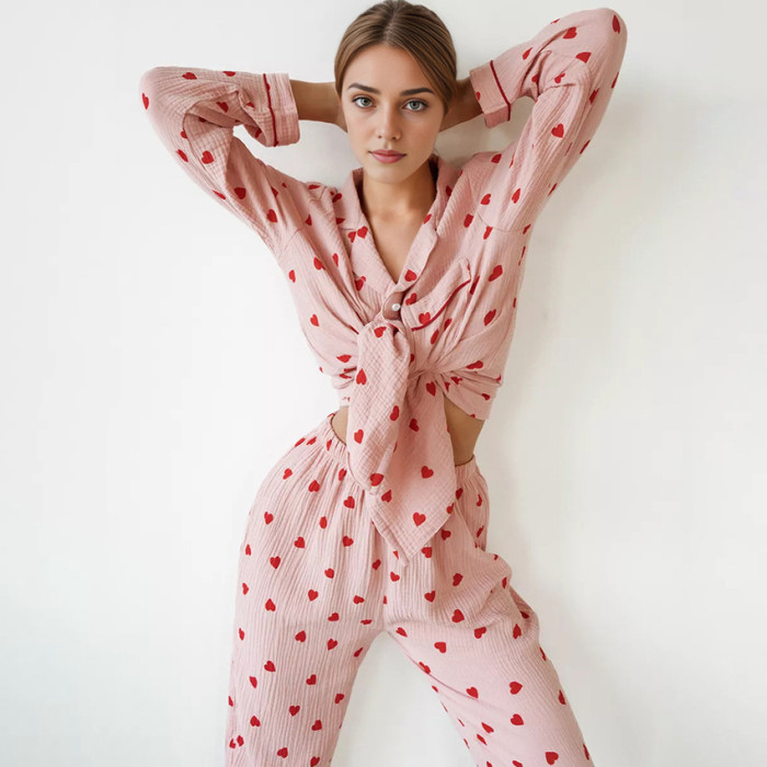 Cozy and Soft Pink Heart Print Pure Cotton Pajama Set - Cross-Border Home Wear