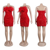 Body-hugging Elastic Feather Beaded Strapless Dress