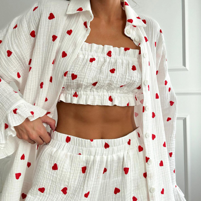 Women's Cotton Home Wear Three-Piece Pajama Set