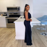 Pleated Patchwork Ribbon Solid Color High-Waisted Wide Leg Two-Piece Set
