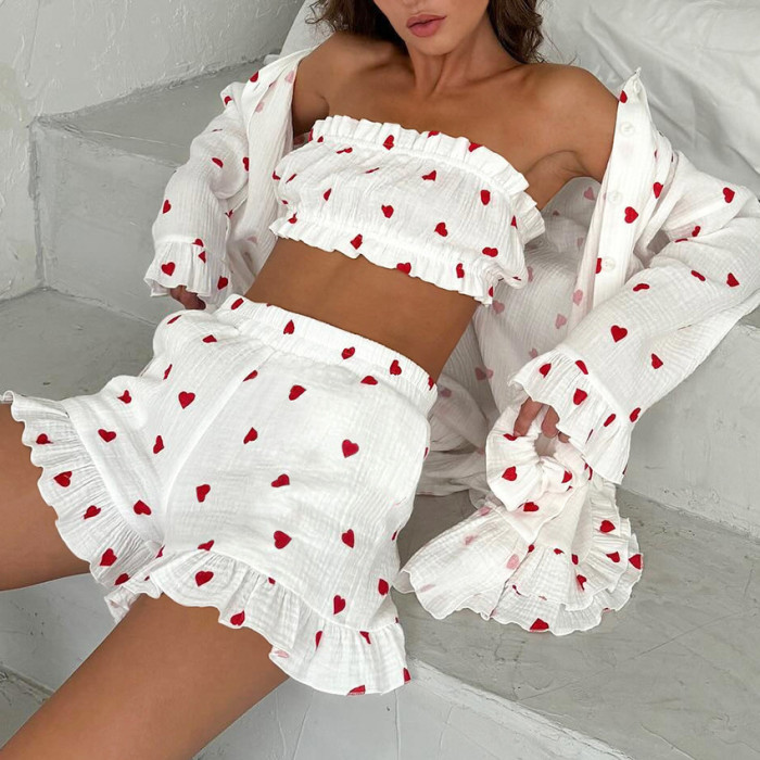 Women's Cotton Home Wear Three-Piece Pajama Set