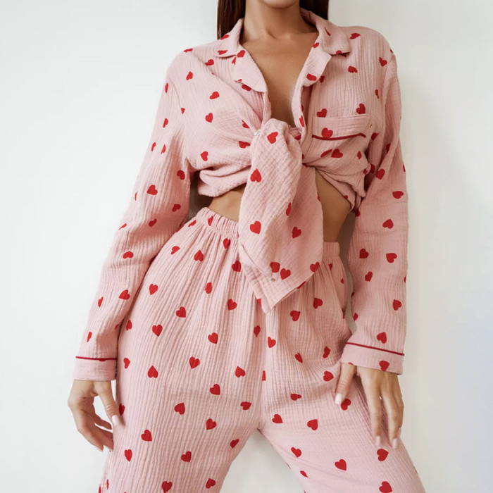 Cozy and Soft Pink Heart Print Pure Cotton Pajama Set - Cross-Border Home Wear