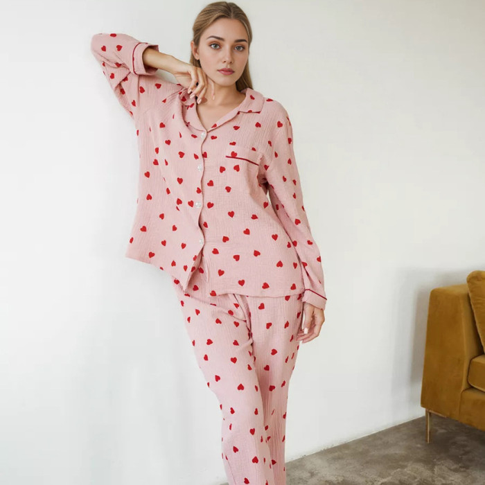 Cozy and Soft Pink Heart Print Pure Cotton Pajama Set - Cross-Border Home Wear