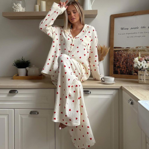 Cozy Heart Print Long Sleeve Long Pants Pajama Set