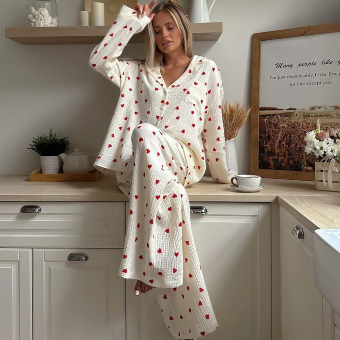 Cozy Heart Print Long Sleeve Long Pants Pajama Set