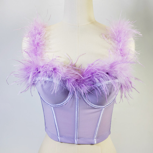 Ostrich Feather Fishbone Strapless Corset Backless Feather Camisole