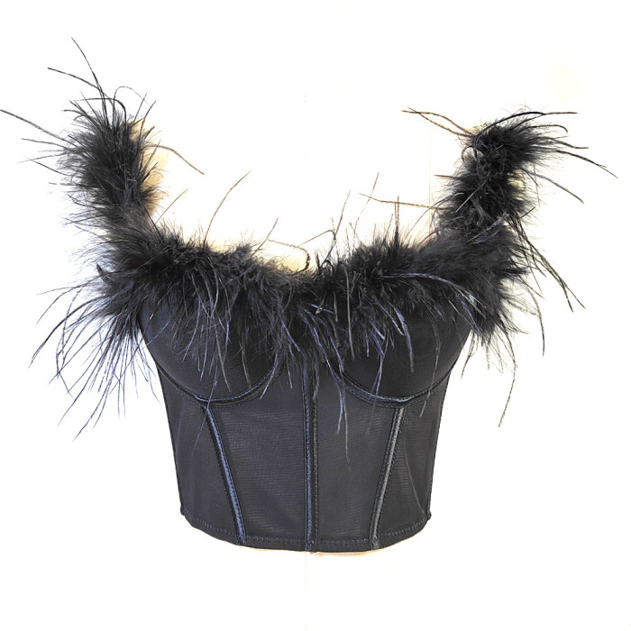 Ostrich Feather Fishbone Strapless Corset Backless Feather Camisole