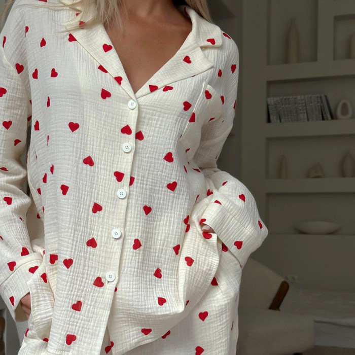 Cozy Heart Print Long Sleeve Long Pants Pajama Set