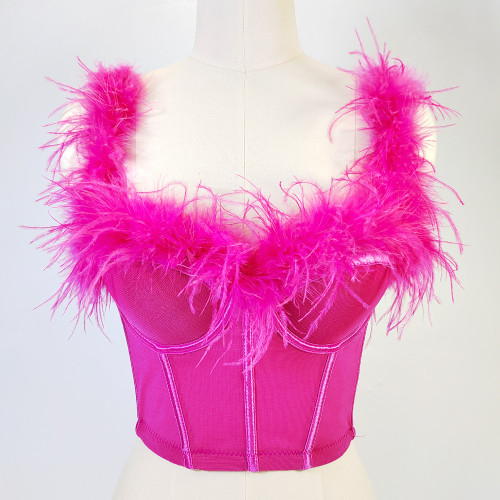 Ostrich Feather Fishbone Strapless Corset Backless Feather Camisole