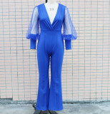 Pleated Slim Fit V-Neck Mesh Patchwork Long Sleeve Jumpsuit