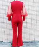 Pleated Slim Fit V-Neck Mesh Patchwork Long Sleeve Jumpsuit