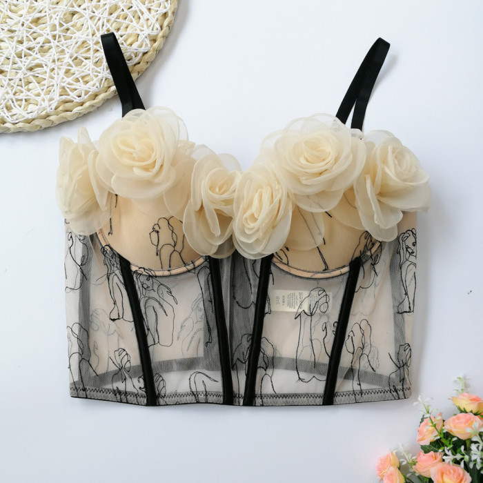 Sheer Bodice Embroidered Top with One-Shoulder Design and 3D Floral Bustier