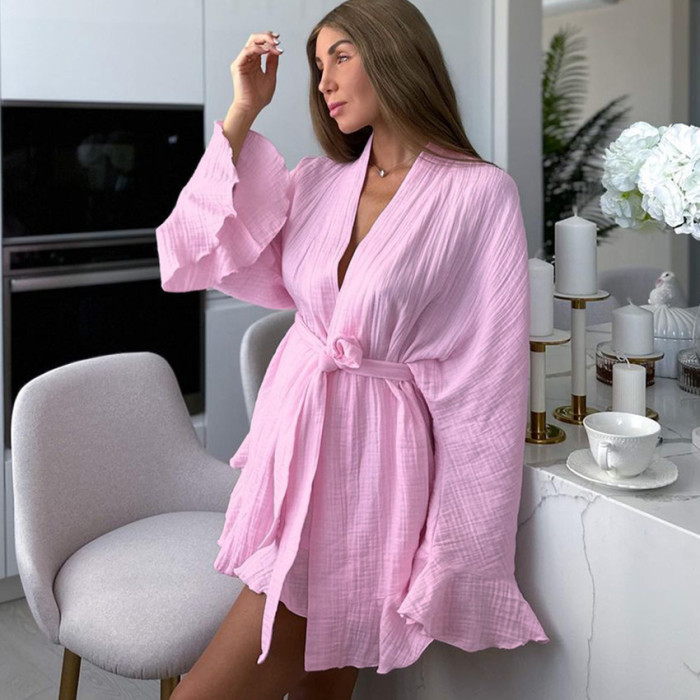 Ruffled Edge Robe in Crinkled Cotton Long-Sleeve Pajamas