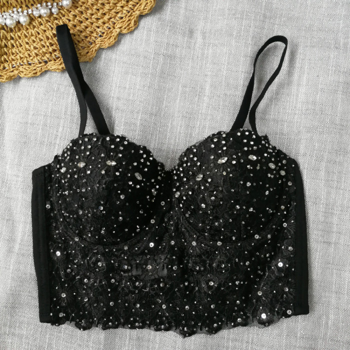Sparkling Rhinestone Embellishments Lace Halter Top for women