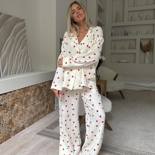 Cozy Heart Print Long Sleeve Long Pants Pajama Set