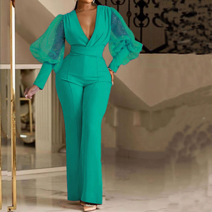 Pleated Slim Fit V-Neck Mesh Patchwork Long Sleeve Jumpsuit