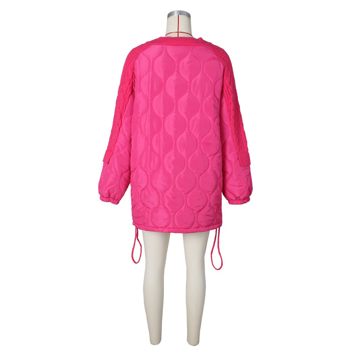 Casual Loose Fit Women's  Knit Patchwork and Drawstring Cotton Jacket