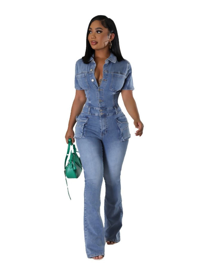 Stretchy Flared Pants in Distressed Floral Wash Denim Jumpsuit