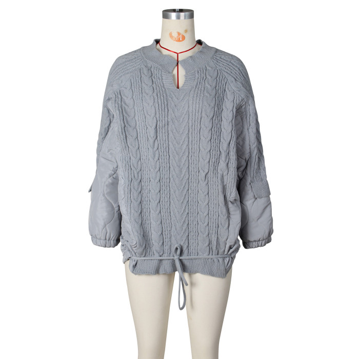 Casual Loose Fit Women's  Knit Patchwork and Drawstring Cotton Jacket