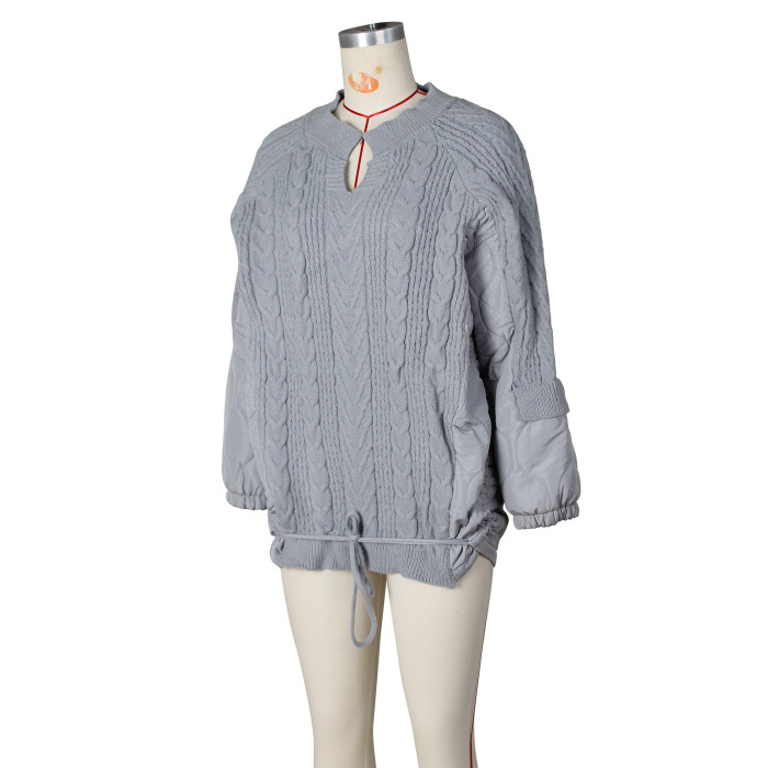Casual Loose Fit Women's  Knit Patchwork and Drawstring Cotton Jacket