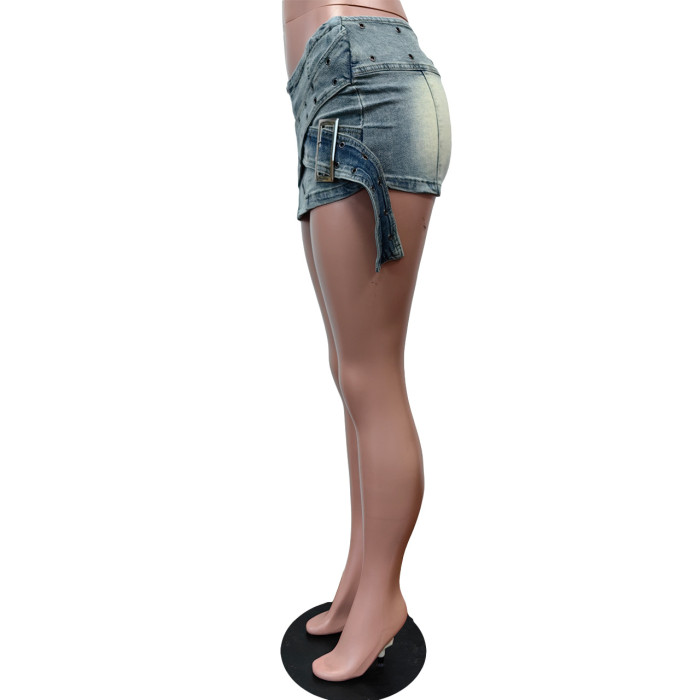 Stylish Slim Fit Elastic Waist Belt Denim Mini Skirt