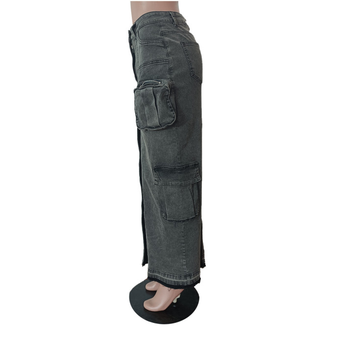 Fashionable Pocket Slit Stretch Denim Skirt