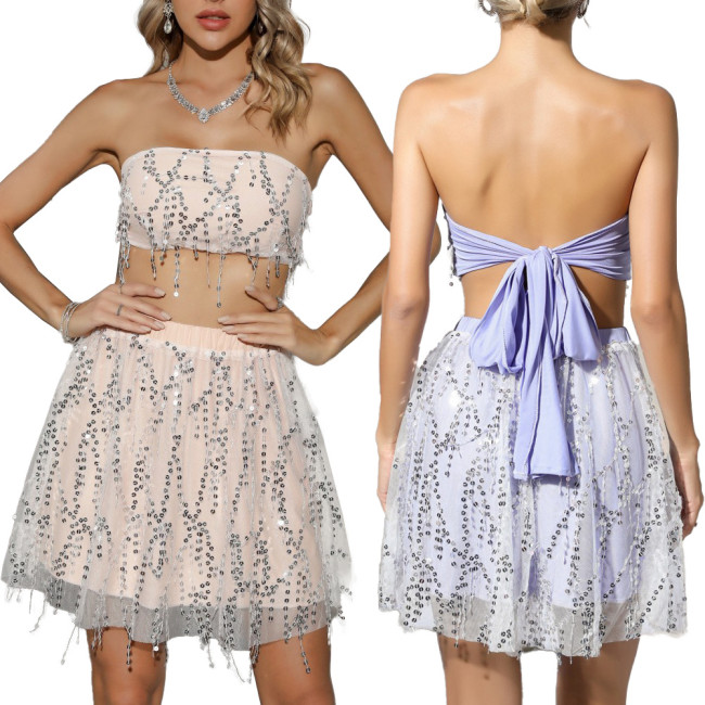 Sequin Strapless Crop Top with Tassel Fringe women Mini Skirt Set
