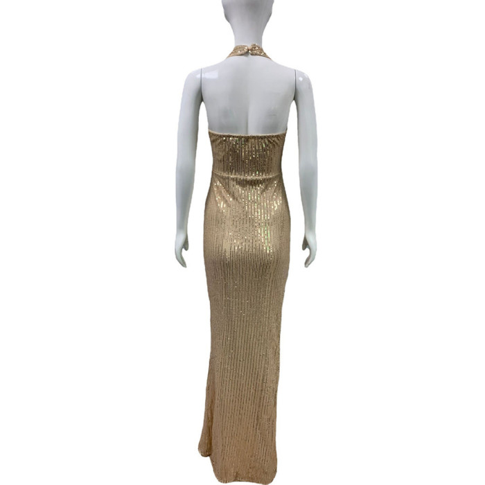 Gold Sexy Halter Sleeveless Solid Sequined Slit Evening Dress