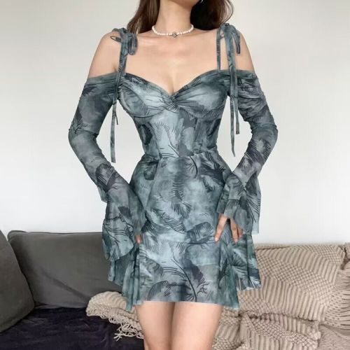 Sexy Off Shoulder Bell Bottom Sleeve Print Strap Dress