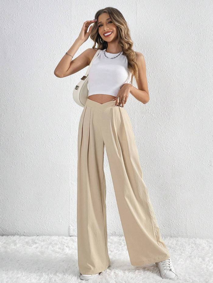 Pleated Casual Wide Leg Pants Loose Fit Long Trousers