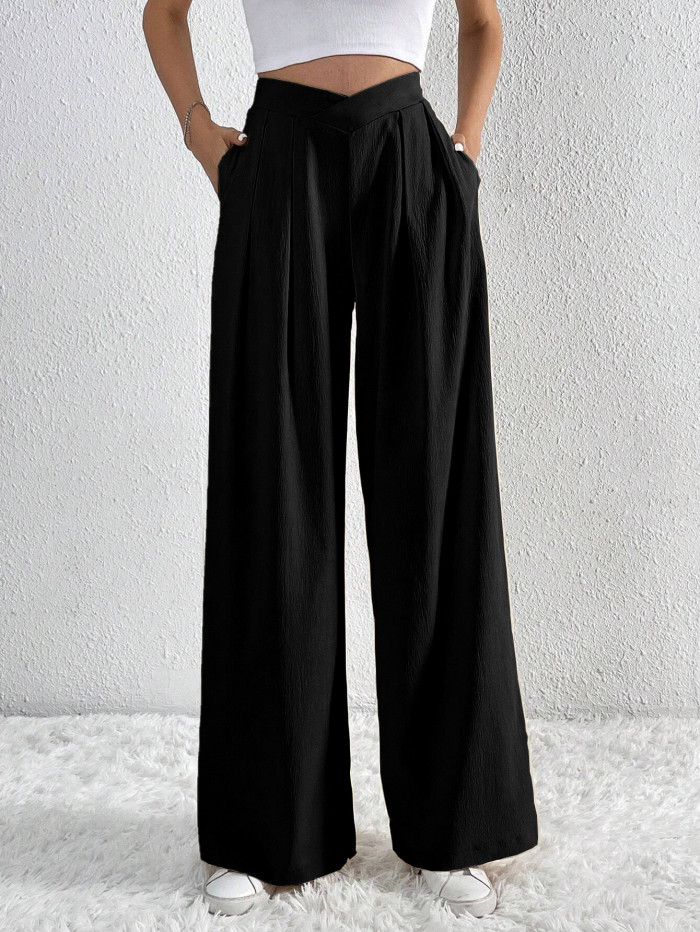 Pleated Casual Wide Leg Pants Loose Fit Long Trousers
