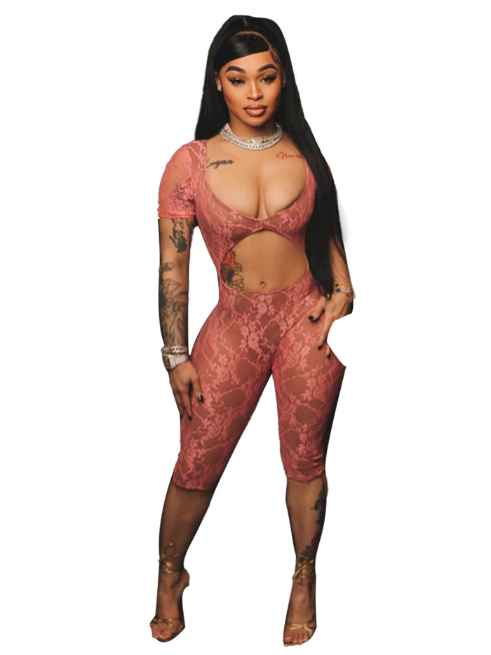 Sexy See Through Lace U Neck Short Sleeve Jumpsuit
