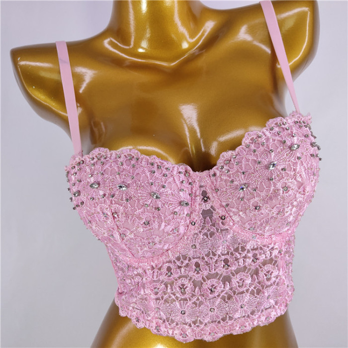 Sparkling Rhinestone Embellishments Lace Halter Top for women