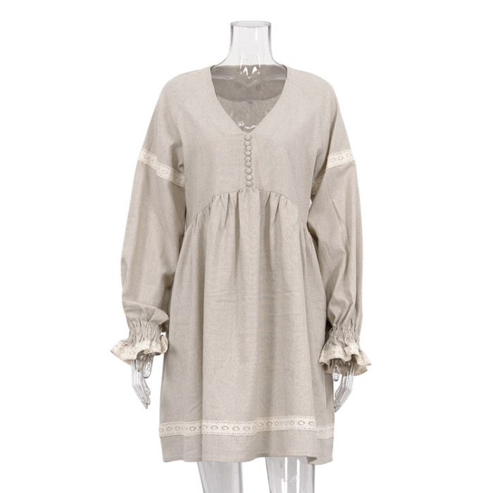 Cotton and Linen Elegant V-neck Lantern Sleeves Loose Fit Dress