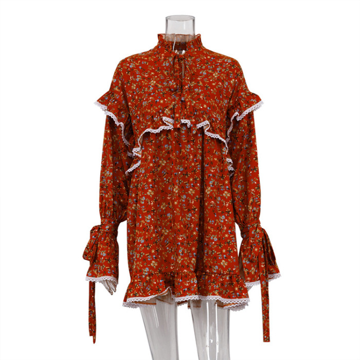 Stylish Flared Sleeves and Tie Waist Mini Floral Print Dress