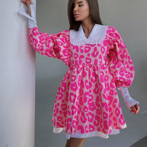 Long Sleeved High-waisted Printed A-line Dress With Ddoll Collar and Fluffy Skirt