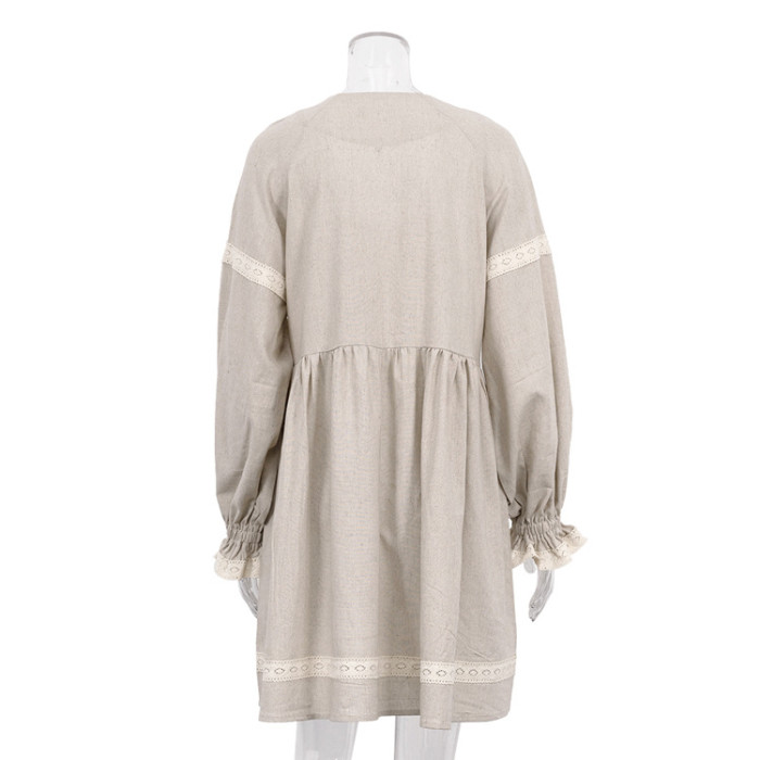 Cotton and Linen Elegant V-neck Lantern Sleeves Loose Fit Dress
