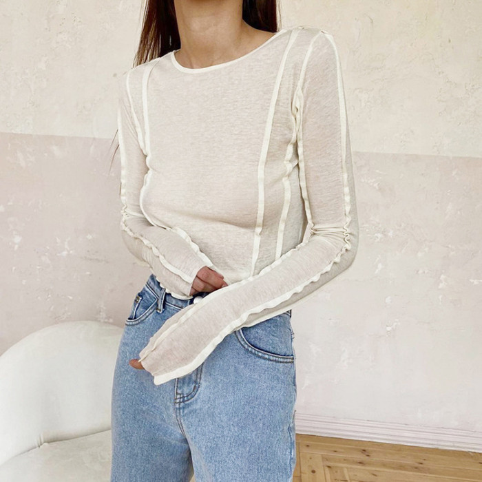 Long Sleeve T-shirt Solid Color Versatile Slim Fit Thin Fashion Base Shirt Women's Wear