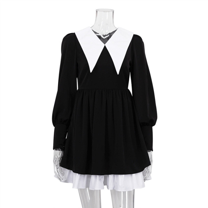 Doll Collar Slimming Waist Hepburn Style Little Black Dress Puff Skirt