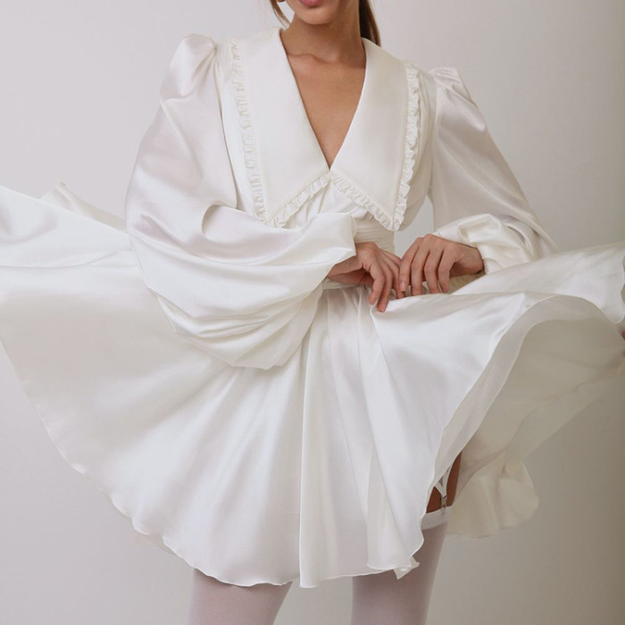 Chic and Elegant Waist-Cinched Lantern Sleeve Doll Collar Short A-line Dress