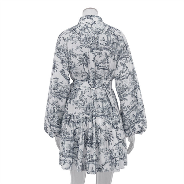 Chinese Style Ink Print Bubble Sleeve Stand Collar Retro A-line Dress