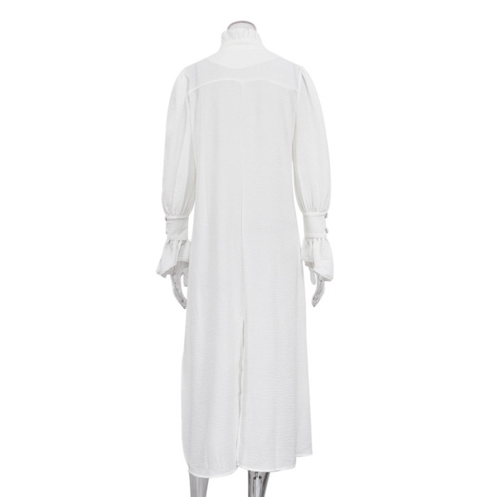Solid Color Long Sleeve Stand Collar Design Sense Shirt Dress Women French Casual Split Long Dress
