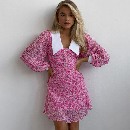 Doll Collar Long Sleeve Chic Printed A-line Dress