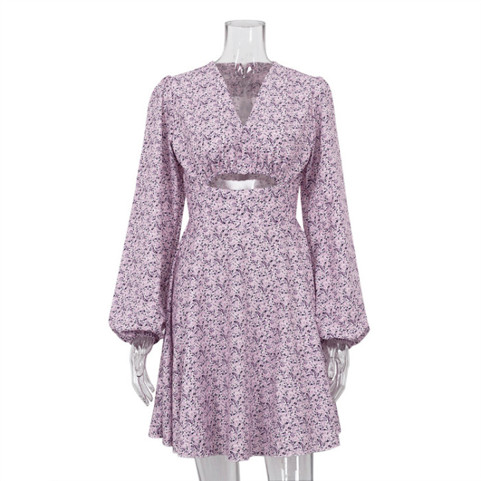 Long Sleeve V-Neck Printed Slimming French Style Dress