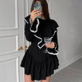 Trumpet Sleeve Lotus Leaf Edge Women's Elegant Little Black Dress