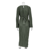 Tie-neck Flared Long Sleeve Pleated Detail Maxi Dress
