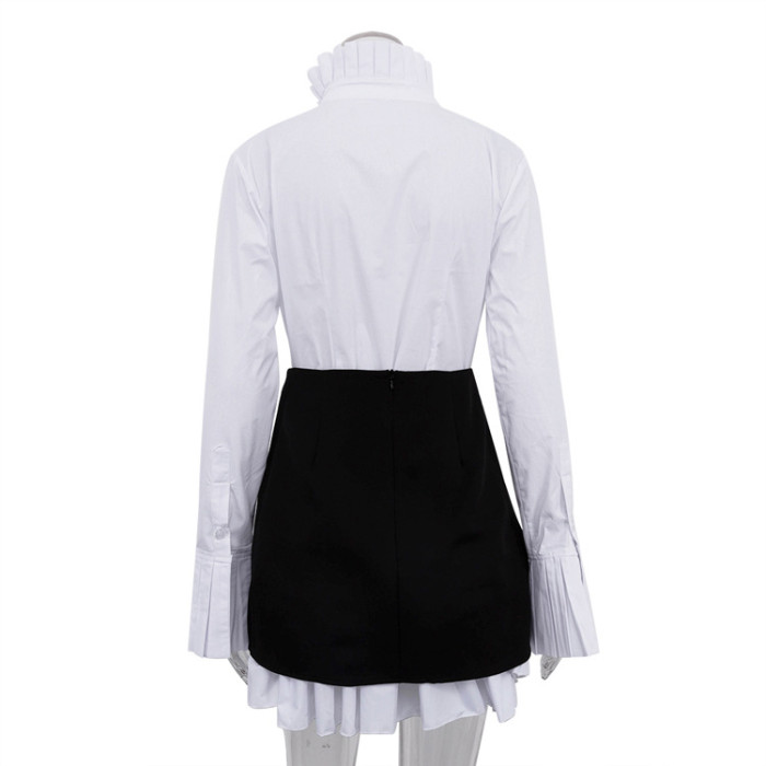 IHOOV women's shirt Stand Collar Flared Sleeve Detachable Waist Belt Elegant Dress